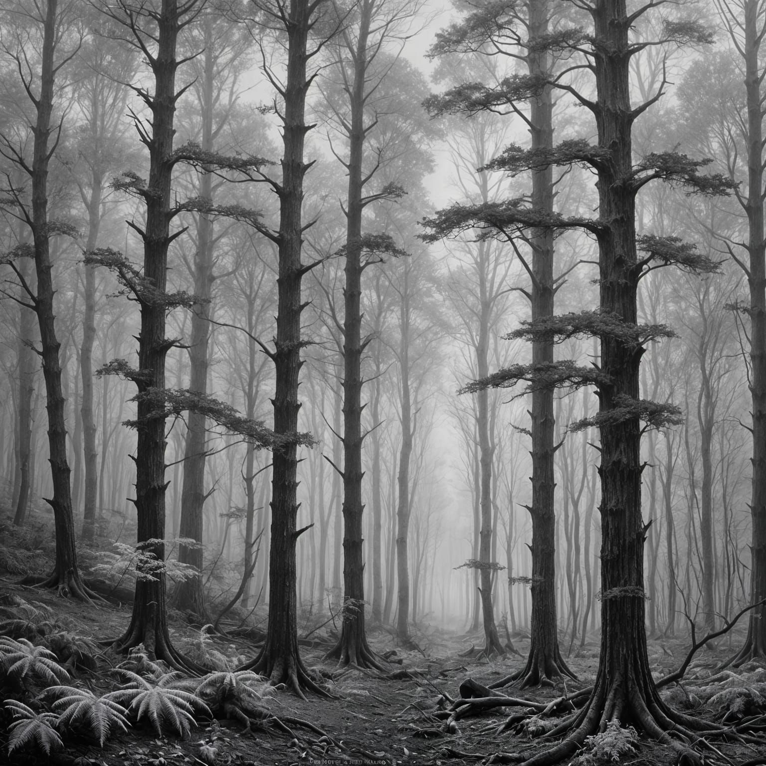 Monochrome Forest in Mist: Oil Painting