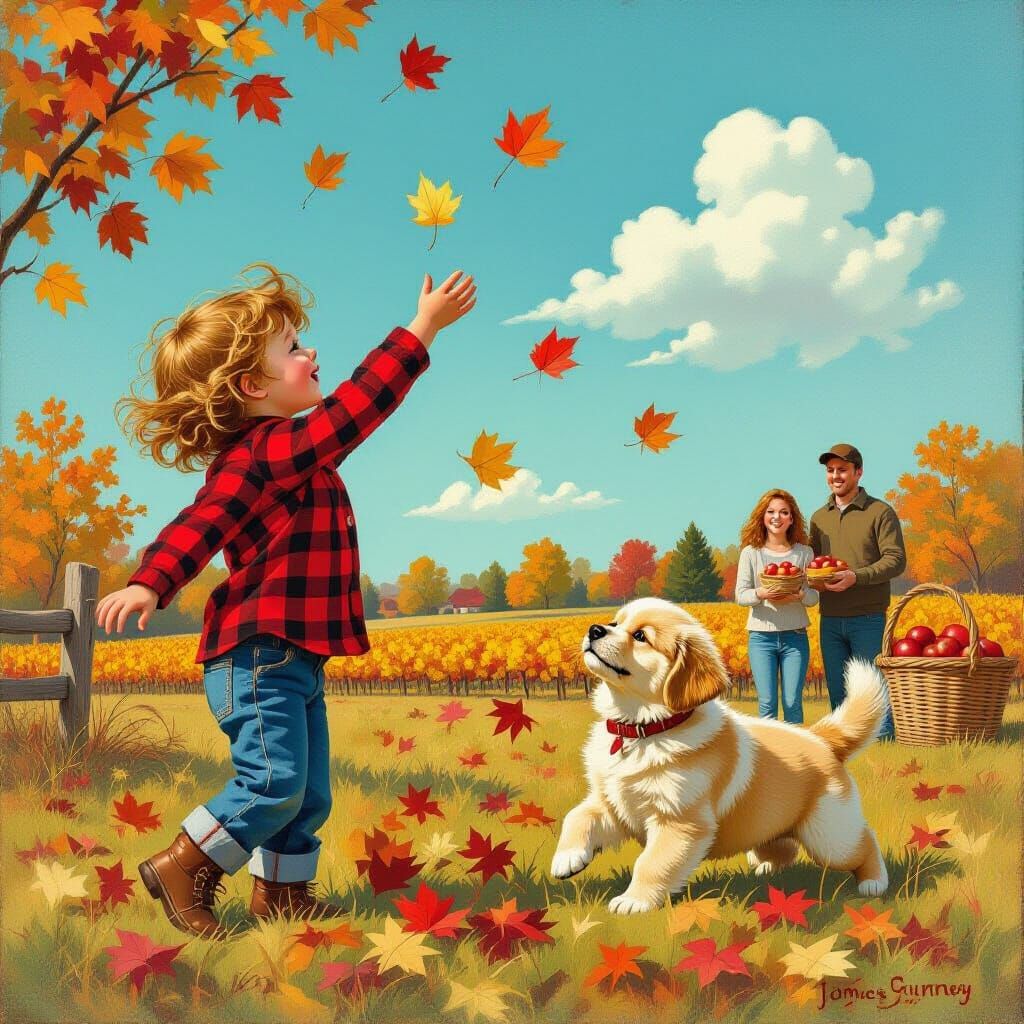 Girl Tosses Autumn Leaves with Puppy, Family Picks Apples