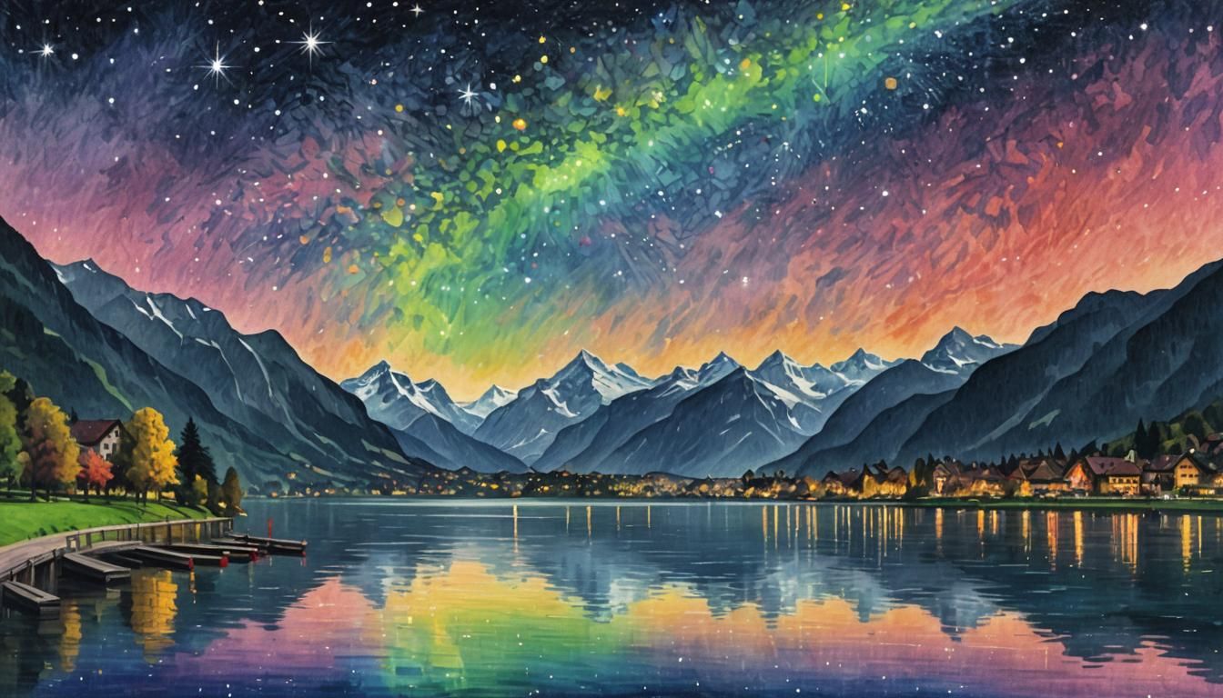Interlaken Starry Night in Gouache Watercolor Style