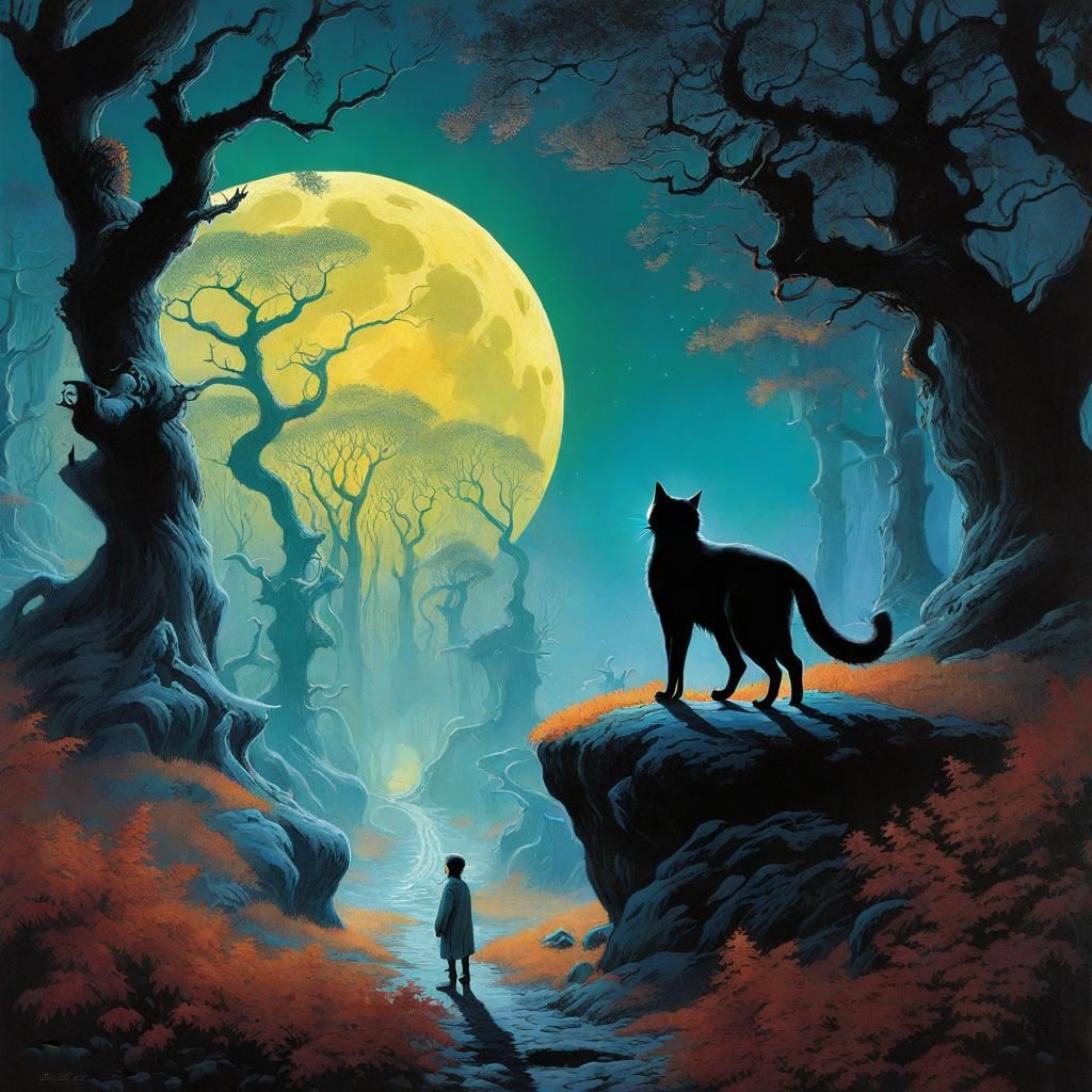 Fantasy Forest Scene with Boy, Cat, and Full Moon