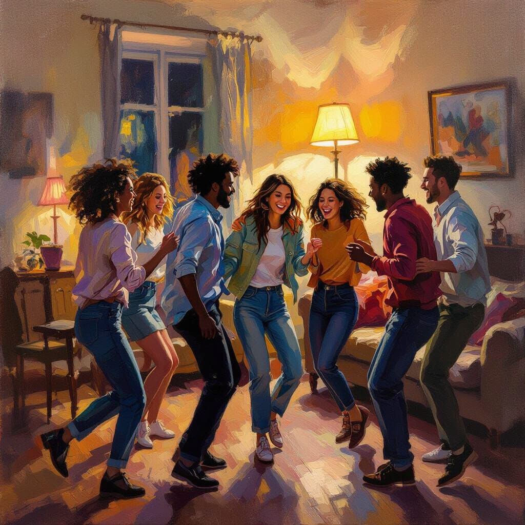 Joyful Friends Dancing in Cozy Living Room