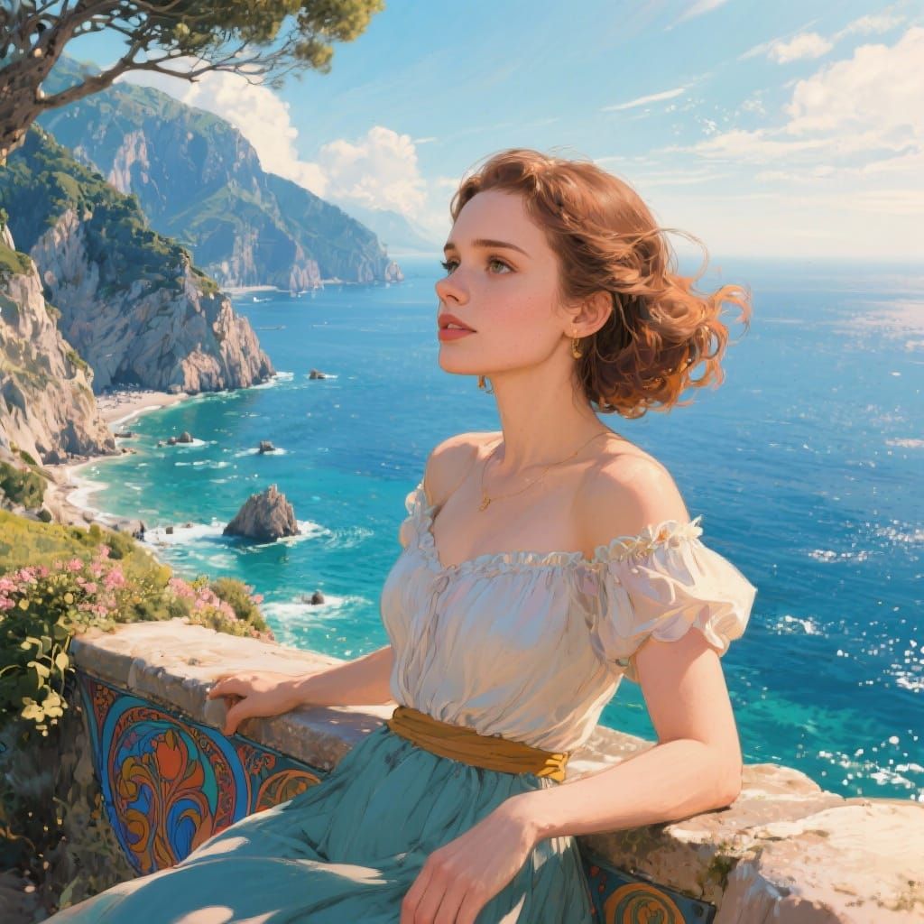 Anna Kendrick on Capri Cliffs, Summer Mediterranean View