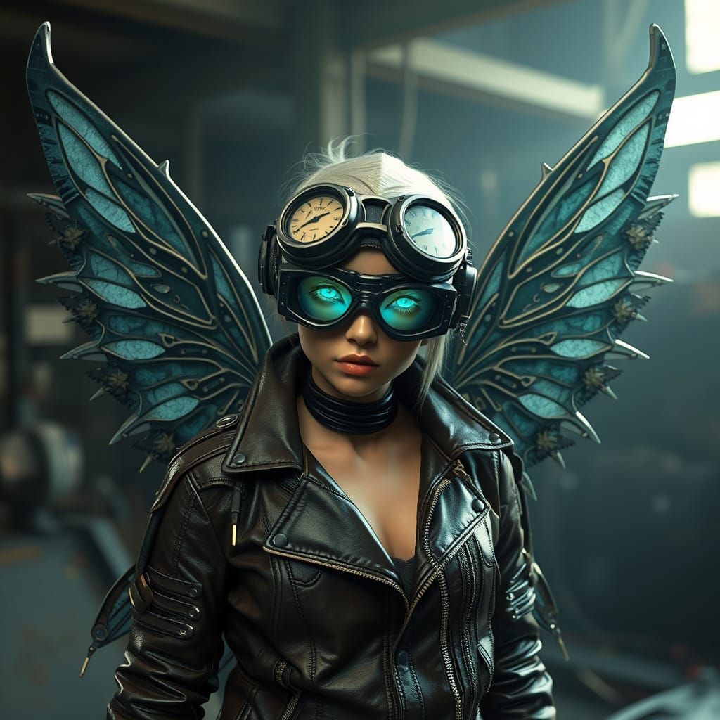 Mechanic Fairy with Metal Wings in Industrial Setting