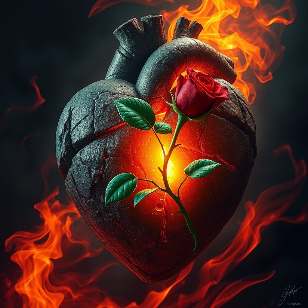 Volcanic Heart with Rose in Fiery Vortex