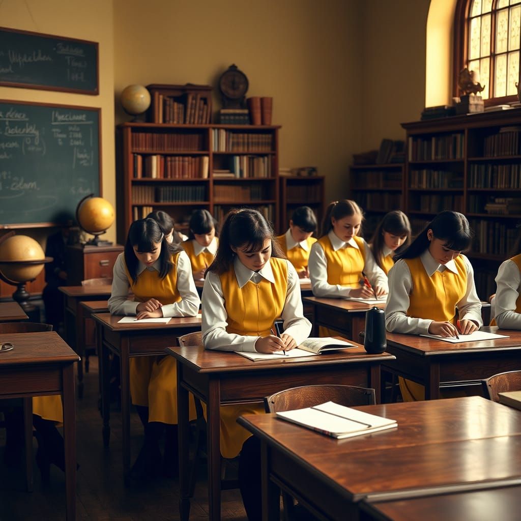 Girls in Elegant Victorian-Inspired School Uniforms Study in...