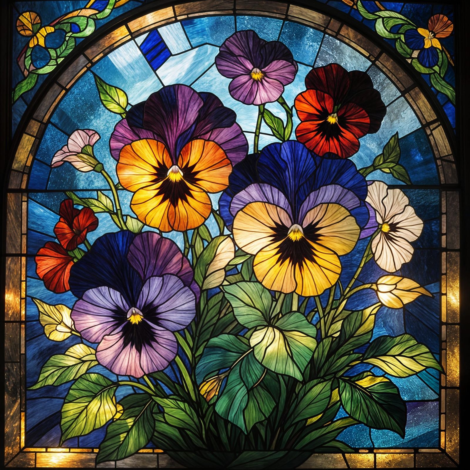 Radiant Stained Glass Pansies Artwork