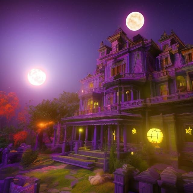 Haunted Mansion Under Colorful Moon in 3D