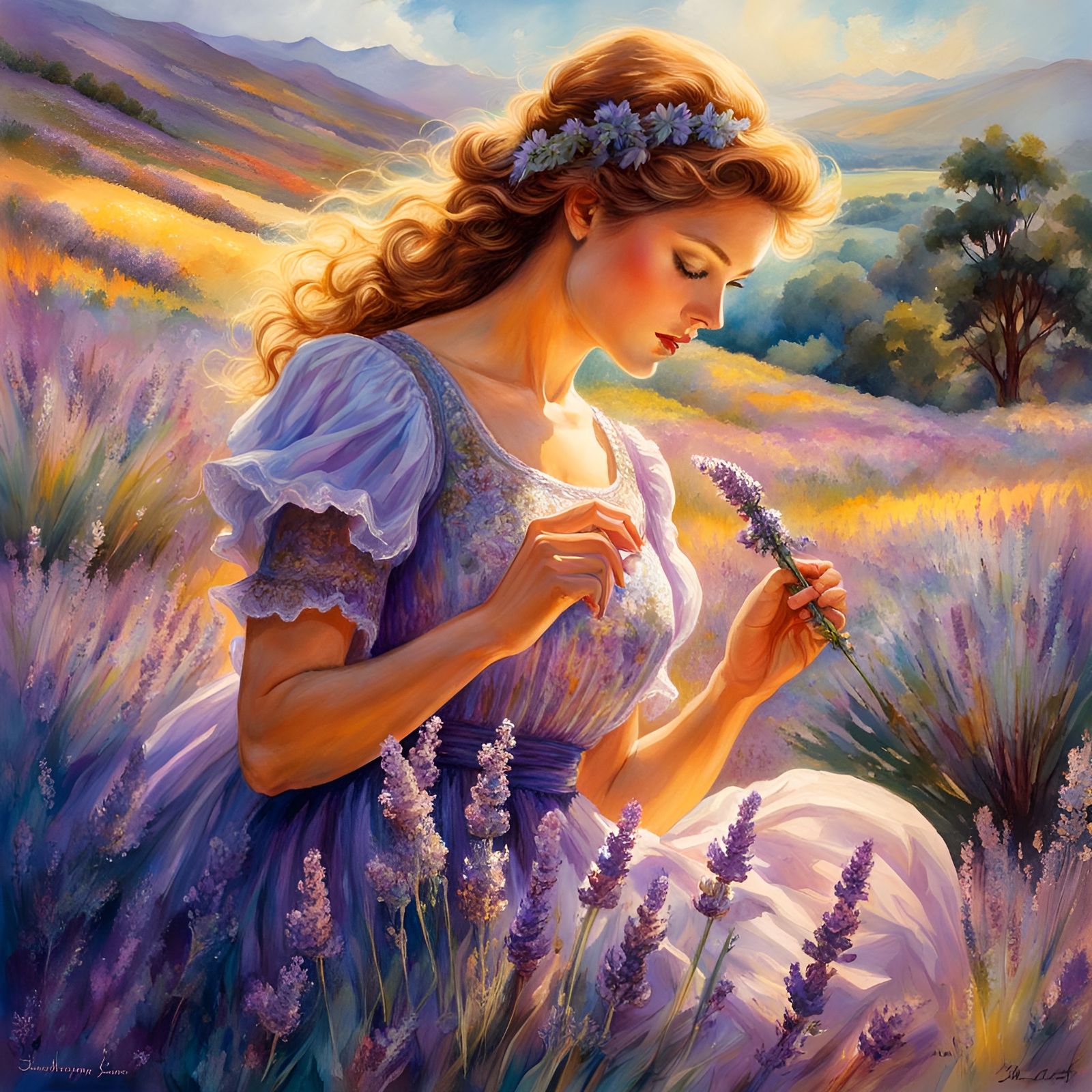 Woman Picking Lavender in a Sunny Field