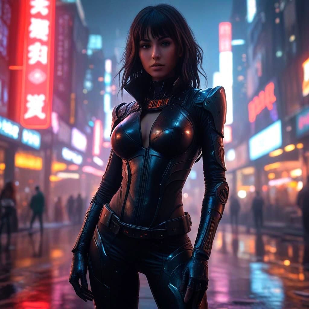 Gorgeous Cyberpunk Warrior in Neon-Lit Cityscape