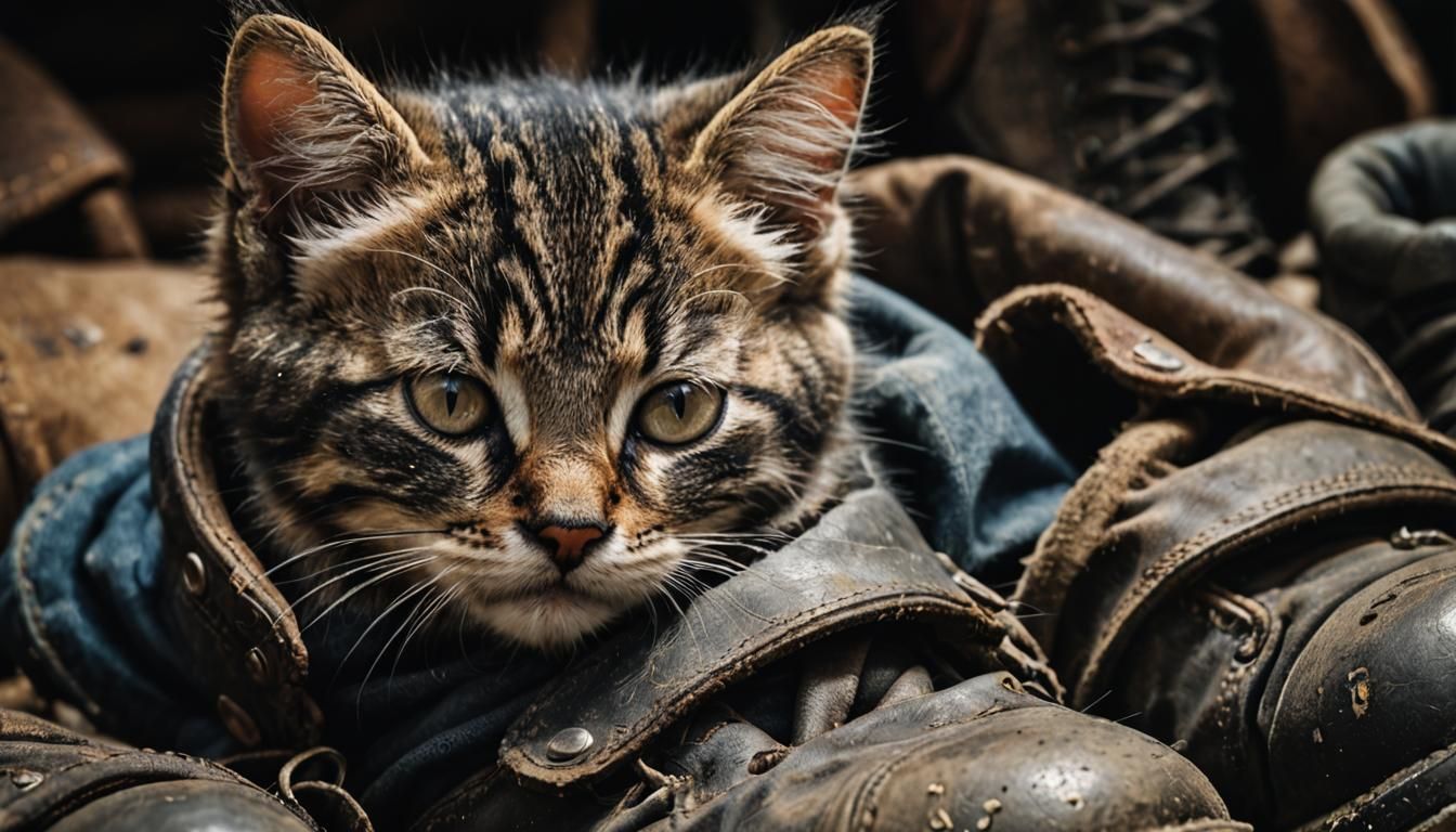 Sleeping Kitten Portrait in Worn Work Boots
