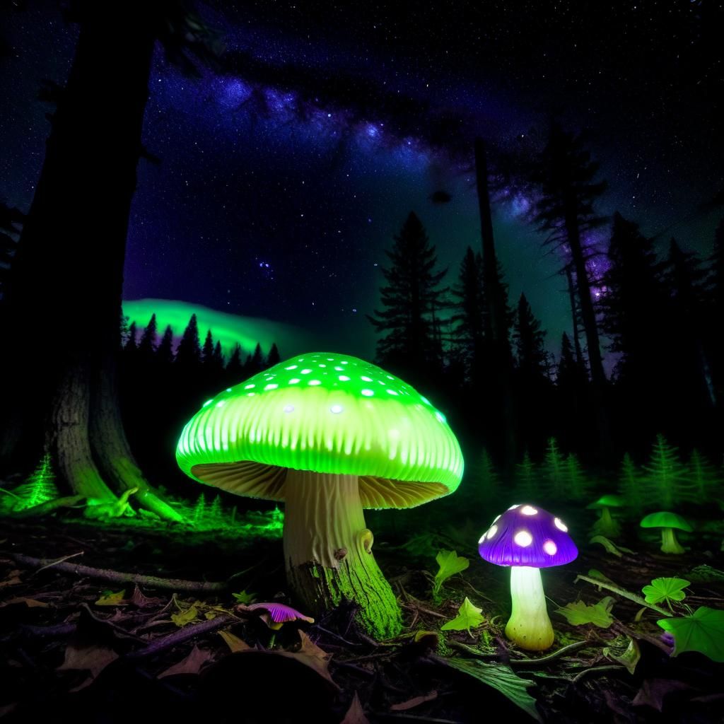 Glowing Mushroom Forest: Surreal Bioluminescent Night