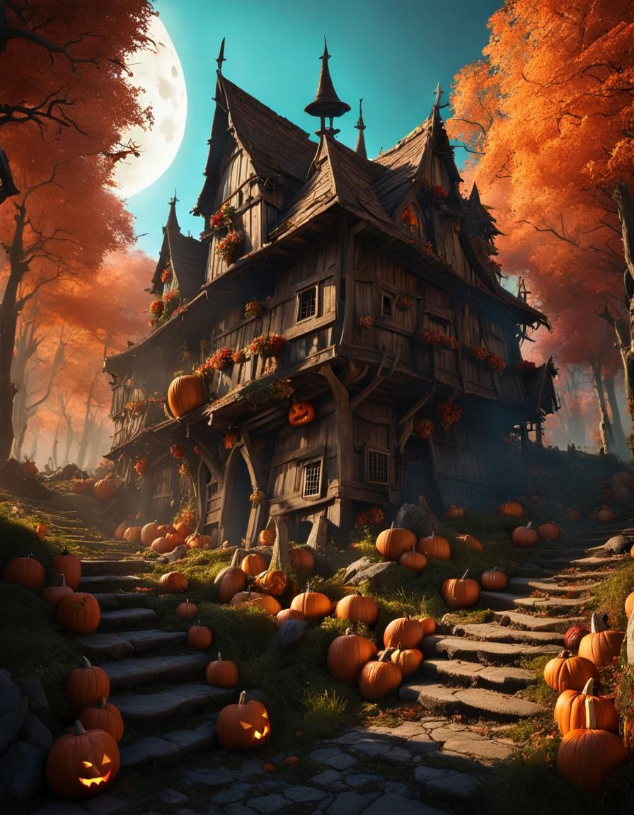 Haunted Medieval Halloween Village in a Dark Forest