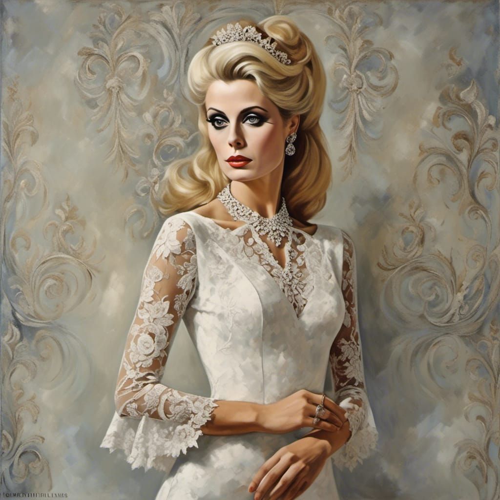 Elegant Blonde in Lace Dress, French Style