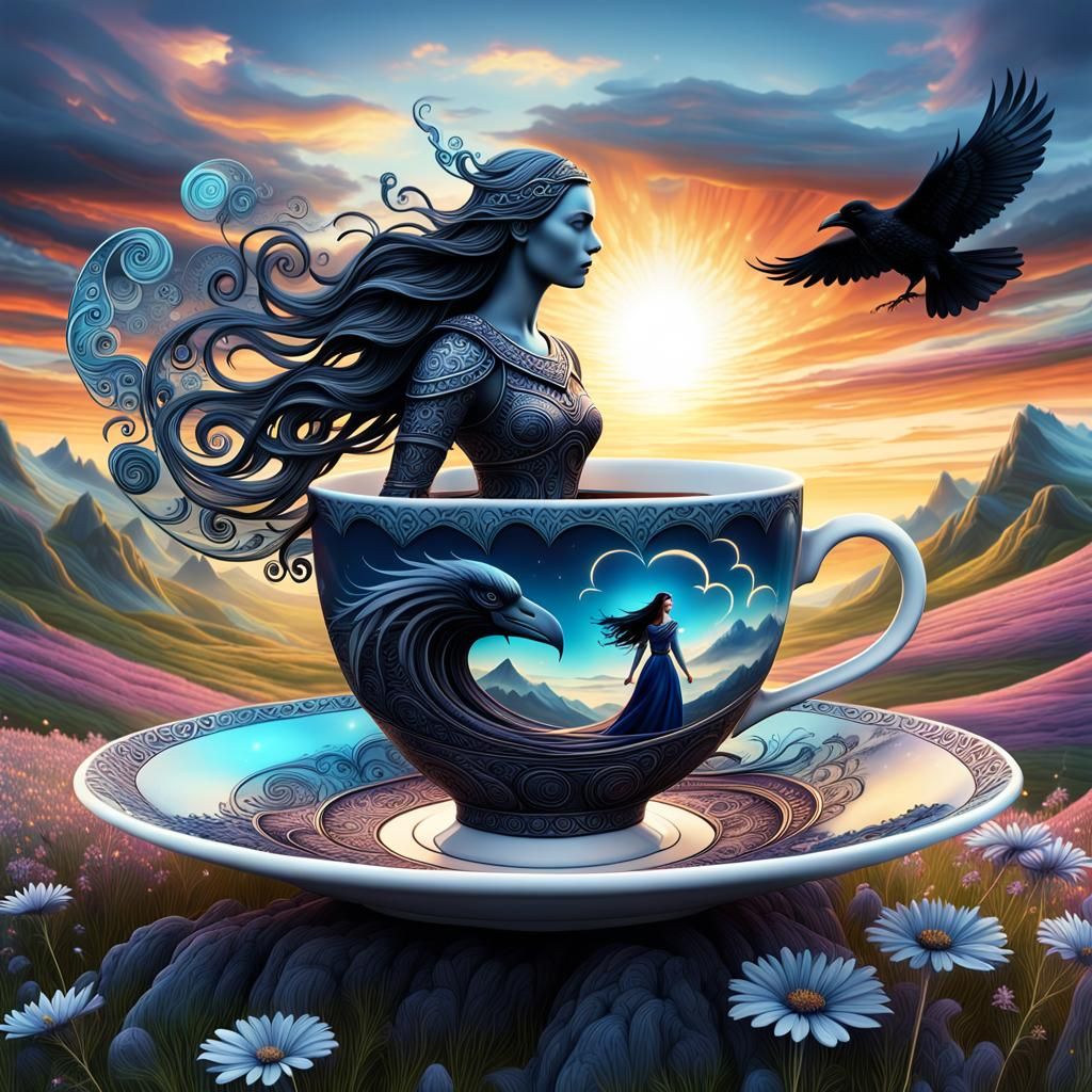 Ethereal Scandinavian Goddess with Raven in Vibrant Landscap...