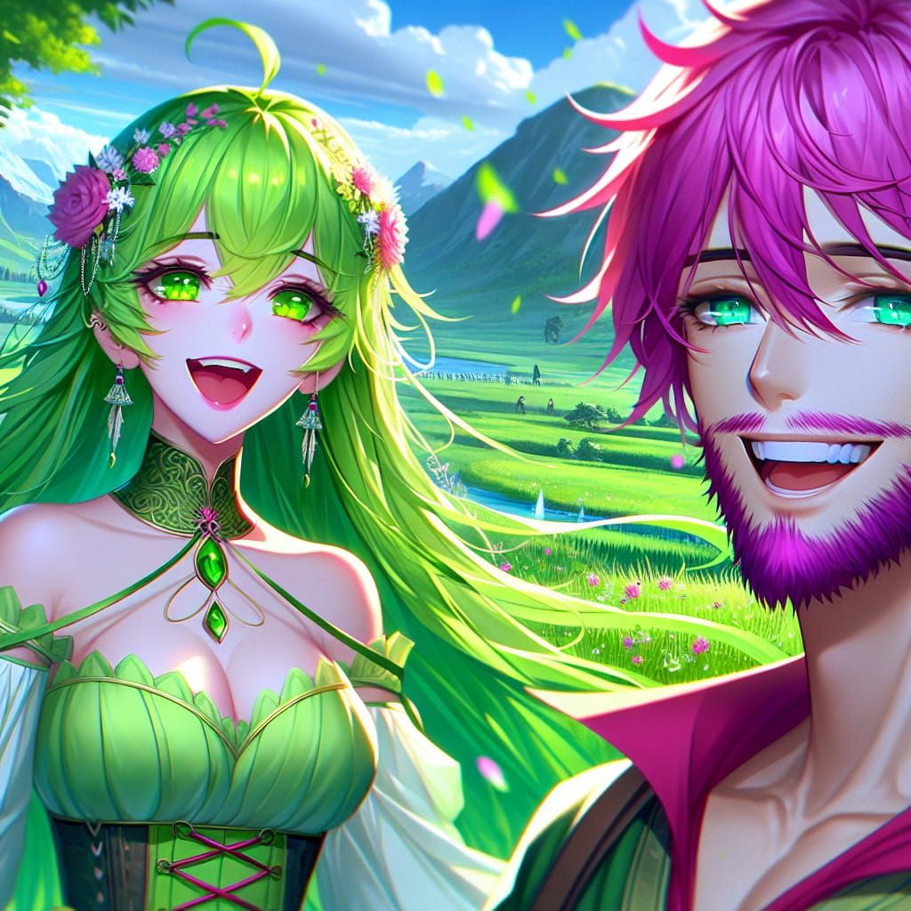 Anime Woman and Man in Lush Green Grassland