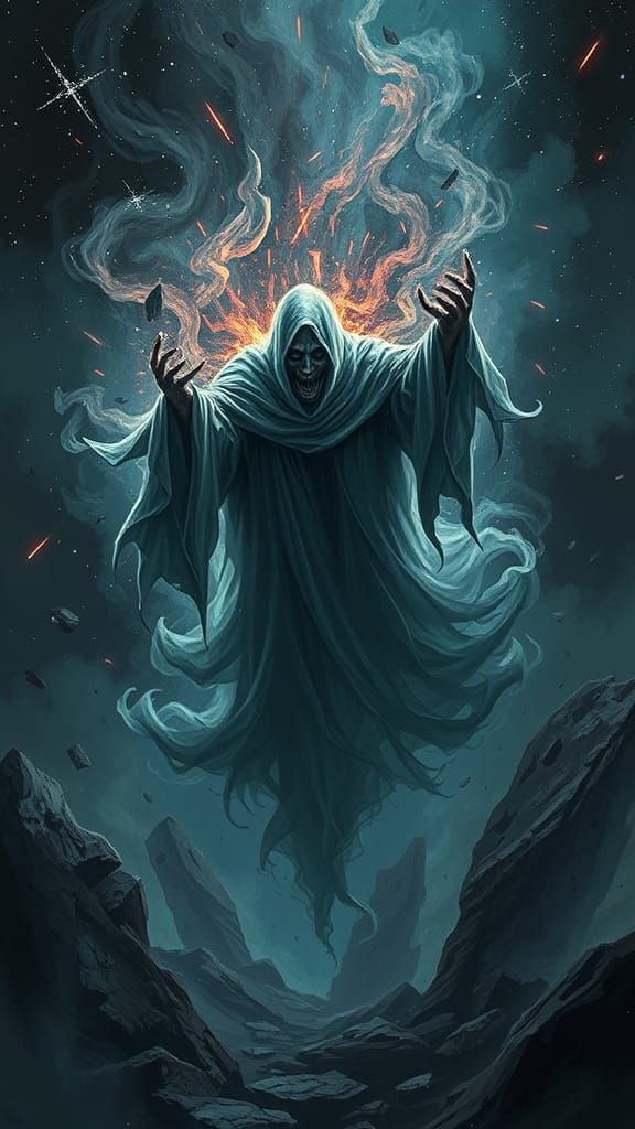 Sinister Ghost in a Haunting Meteor Shower Scene