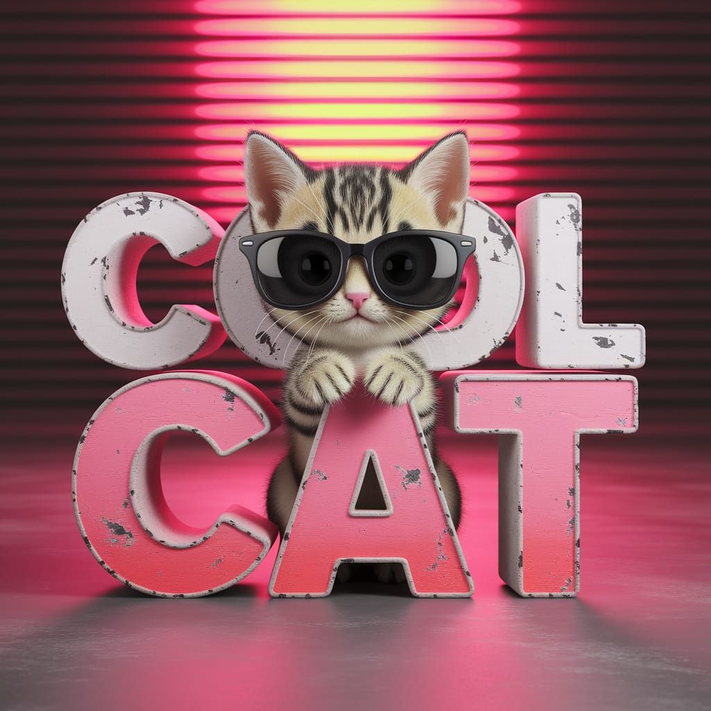 Distressed Grunge Typography with Adorable Kitten in Neon Pi...