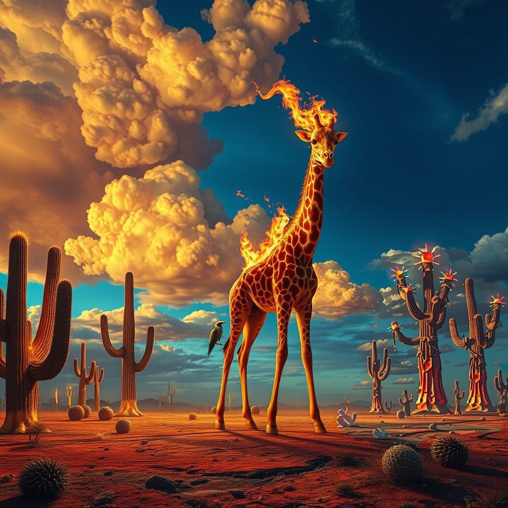 Surrealist Dreamscape of a Blazing Giraffe in a Vibrant, Ele...