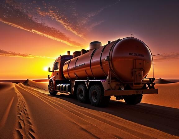 Sahara Sunset: Tanker Truck on Desert Road