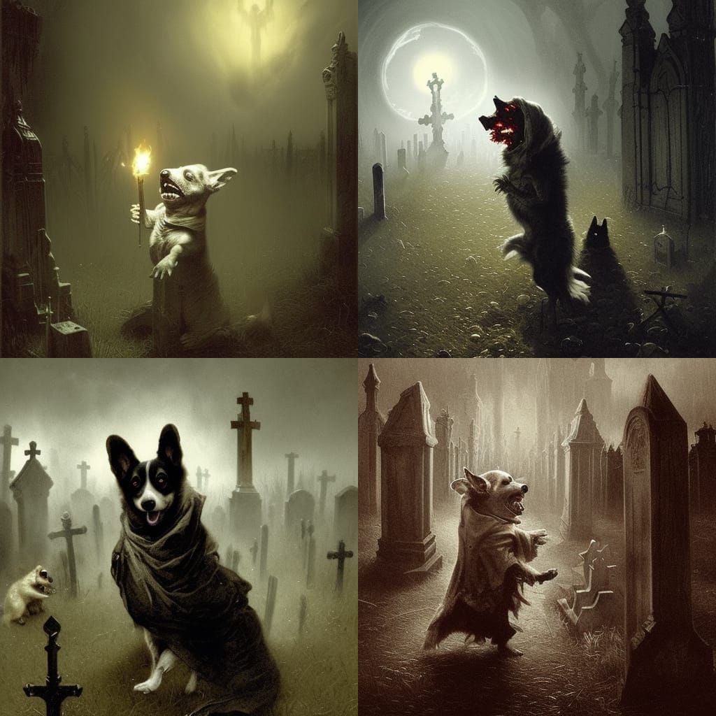 Zombie Corgi in Graveyard, Horror Art