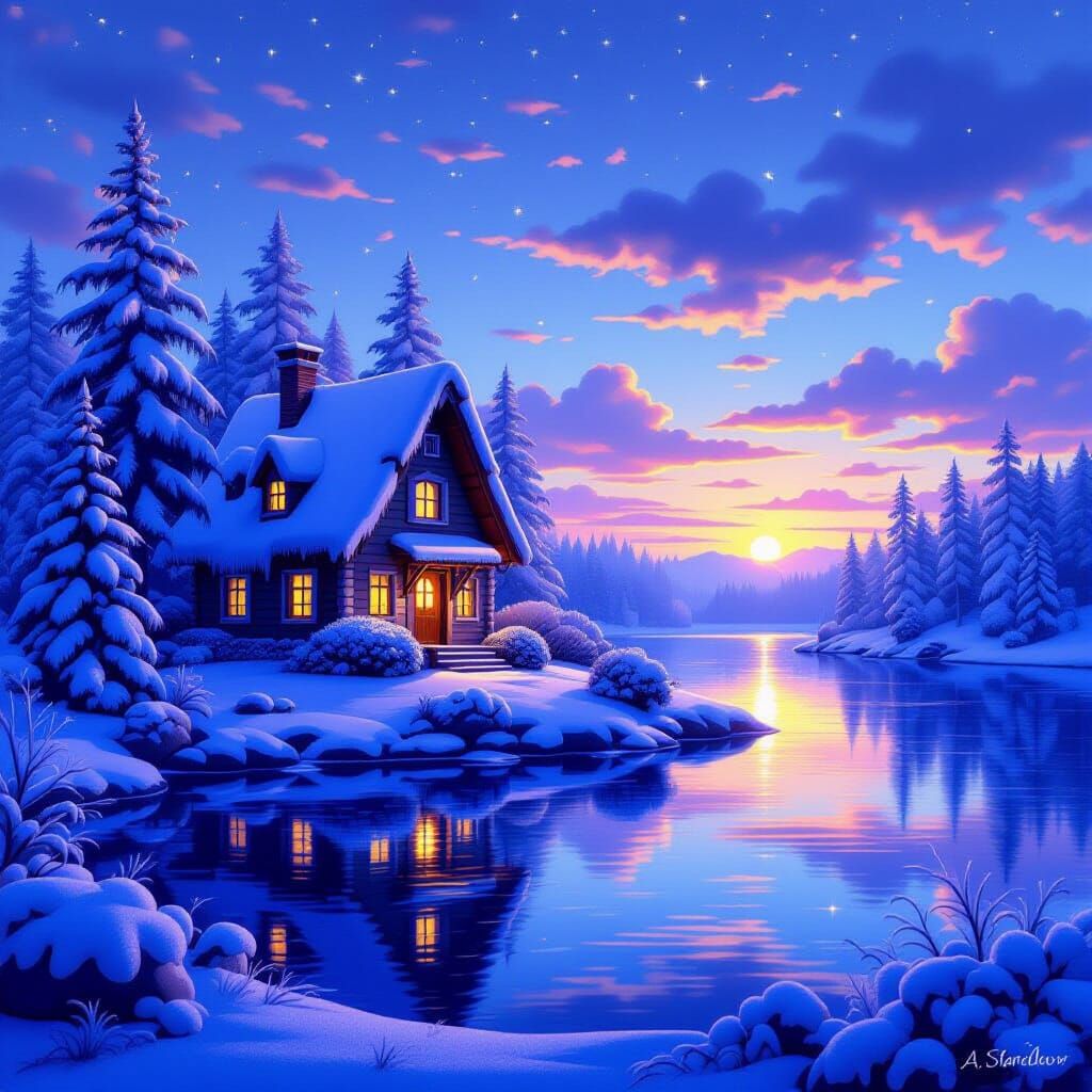 Magical Frosty Island House at Blue Sunset