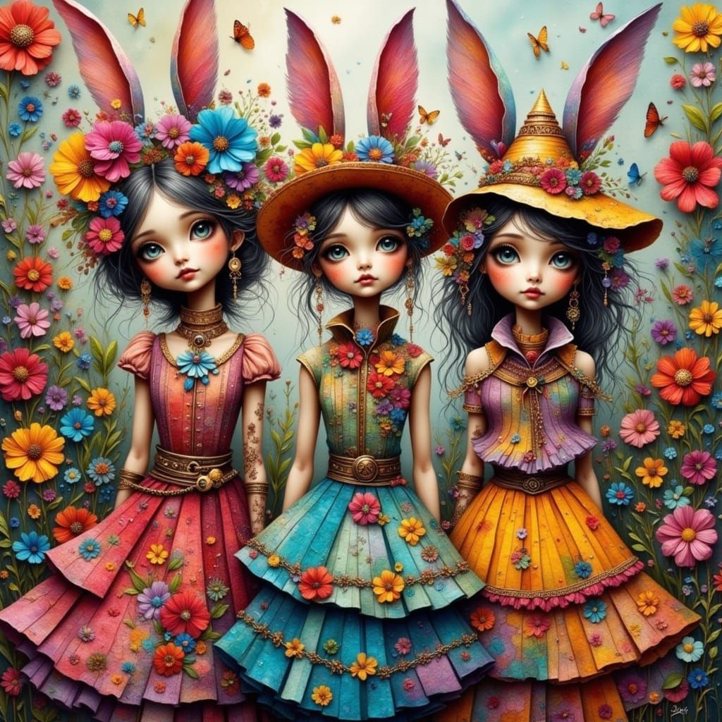 Whimsical Bohemian Punk Bunny Girls in Enchanted Floral Drea...