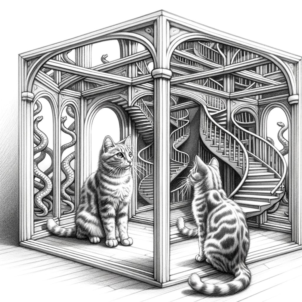 Whimsical Cat Dances in Optical Illusion Pencil Sketch