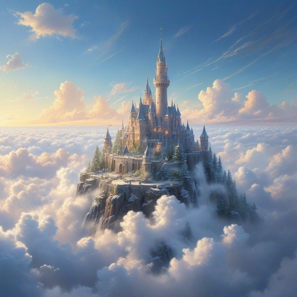 Ethereal Fantasy Castle Amidst Fluffy White Clouds