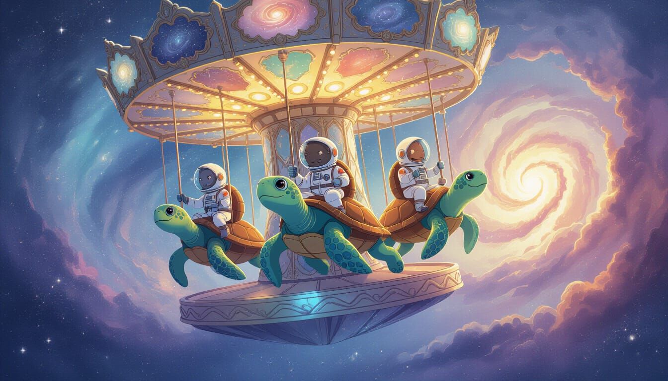 Cosmic Turtles Ride Crystalline Carousel Through Nebula