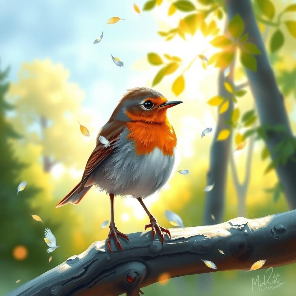 Cute Robin in Sunlight: Hyperrealistic Watercolor Painting