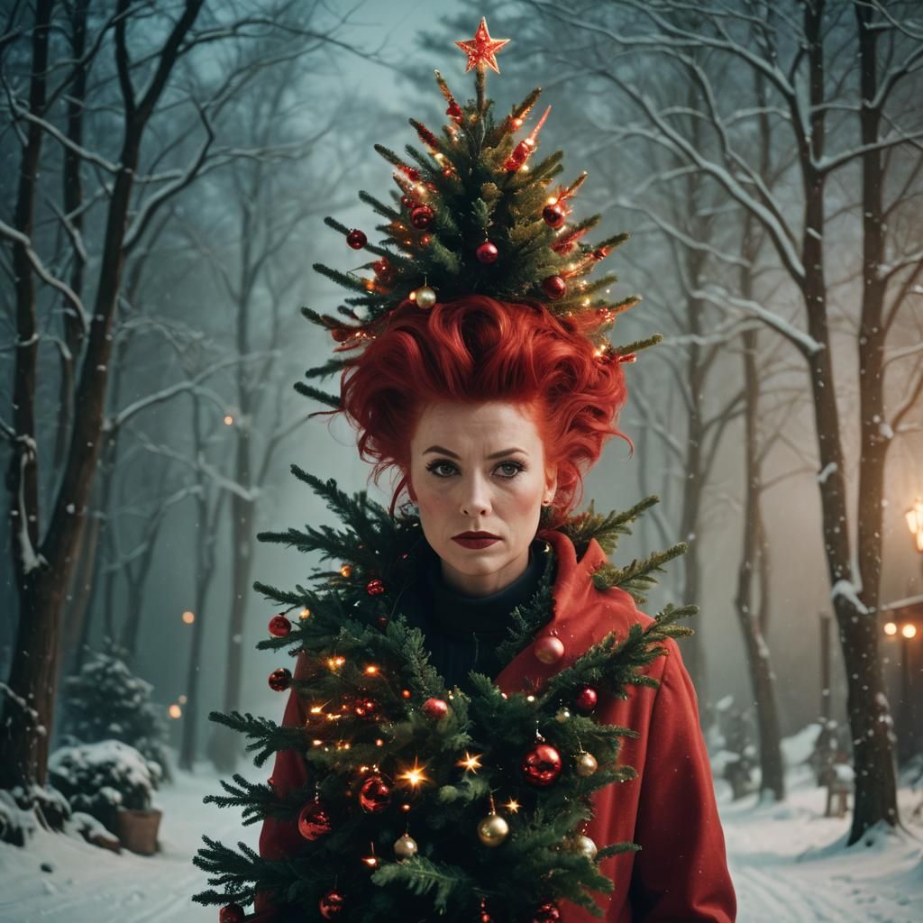 Woman's Christmas Tree Bouffant in Cinematic Style