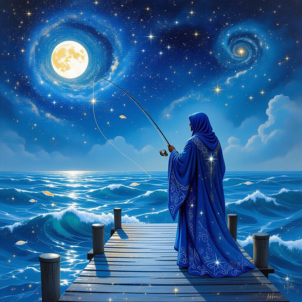 Celestial Fisherman Casting Line into Starry Sea