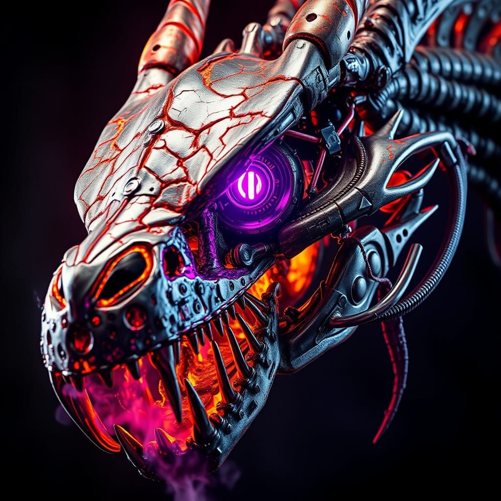 Glowing Biomechanical Dragon Head in Dark Sci-Fi Horror Styl...