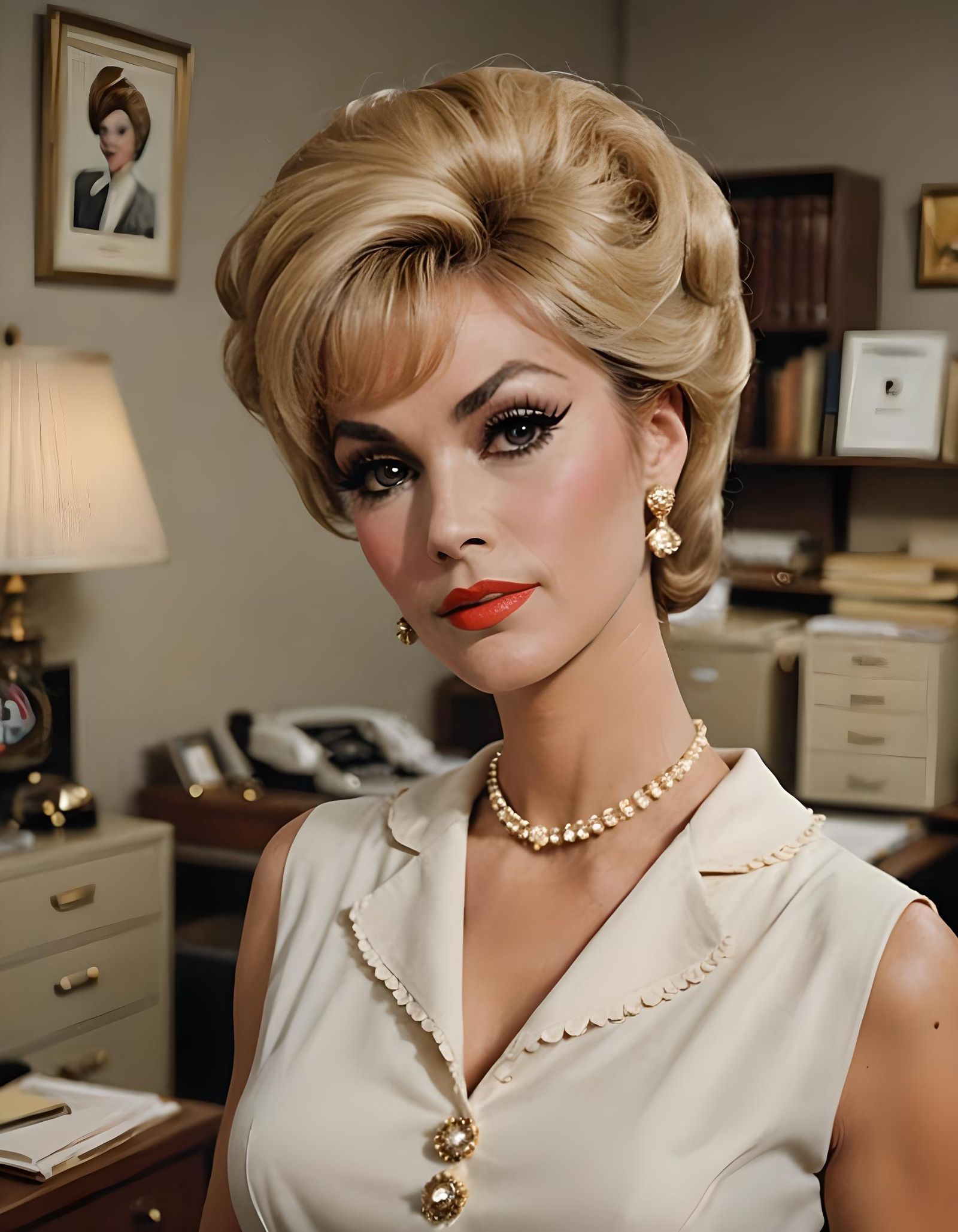 1960s Space Age Woman Modeling in Office Scene