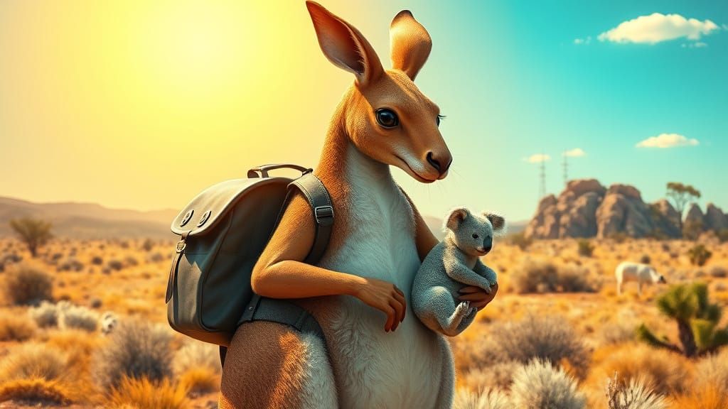 Giant Kangaroo and Koala in Outback, Beatrix Potter Style