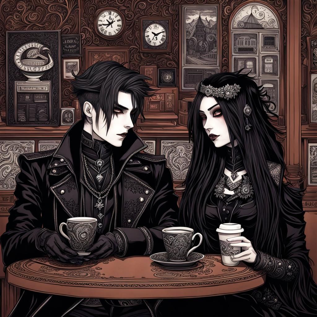 Goth Couple in Coffee Shop: Caffeinepunk Terracottacore
