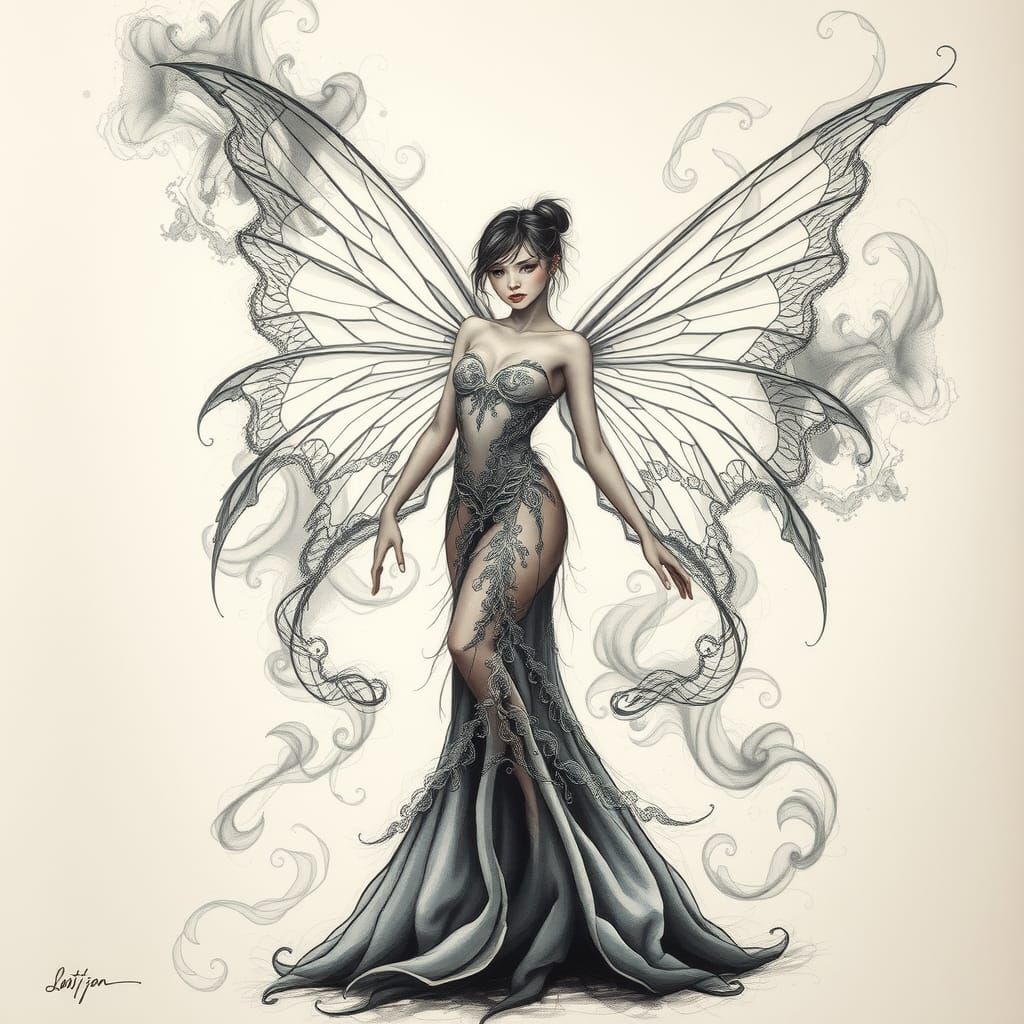 Elegant Fairy with Lace Wings in Charcoal Drawing Style