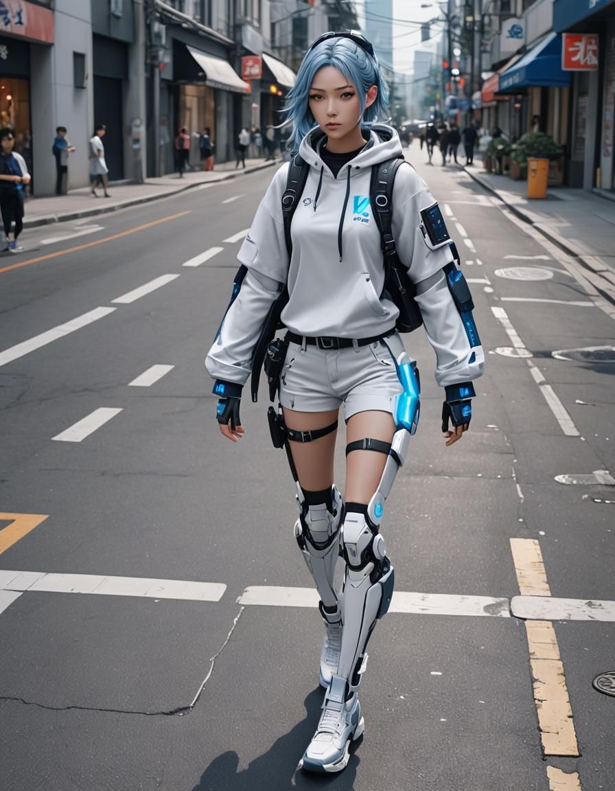 Photorealistic Cyborg Girl in Streetwear, 3D Anime Art