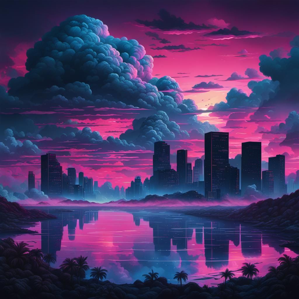 Synthwave Dusk: Cloudy Cityscape at Twilight