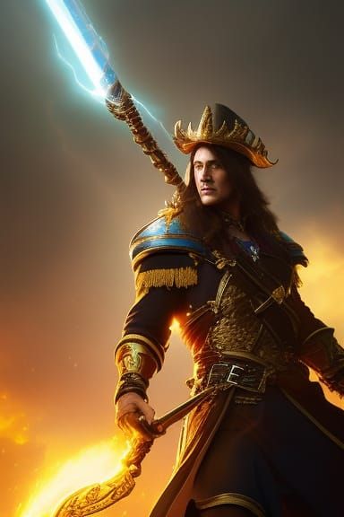 Pirate Captain Summons Lightning in Dark Fantasy Style