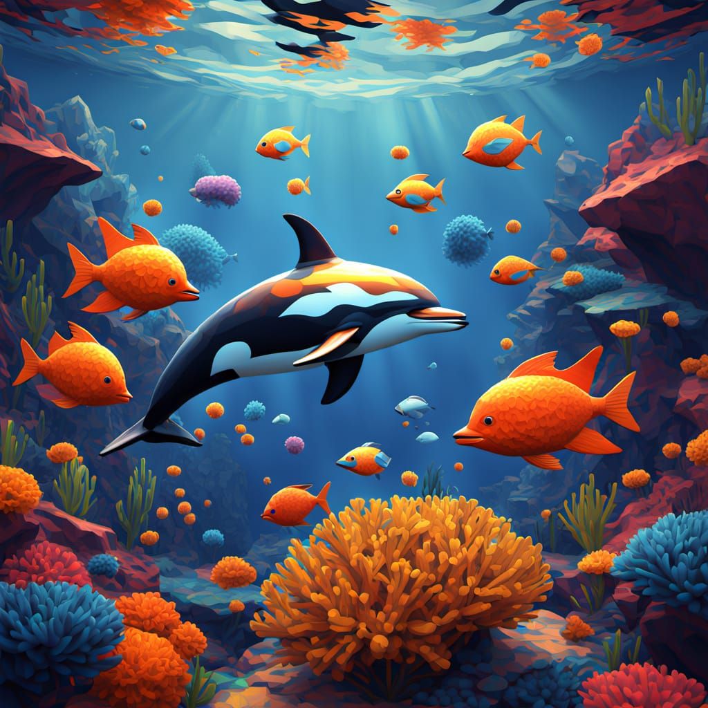 3D Pom Pom Dolphin in Neo-Cubism Geometric Seascape