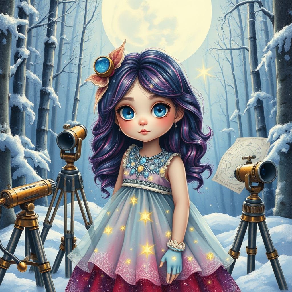 Girl with Galaxy Hair in Snowy Forest