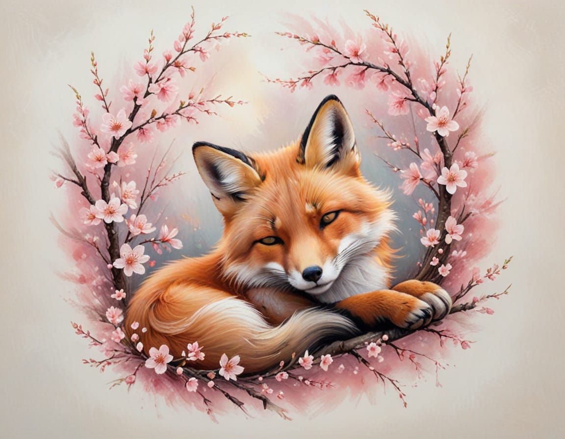 Red Fox Napping Under Cherry Blossoms in Pastel