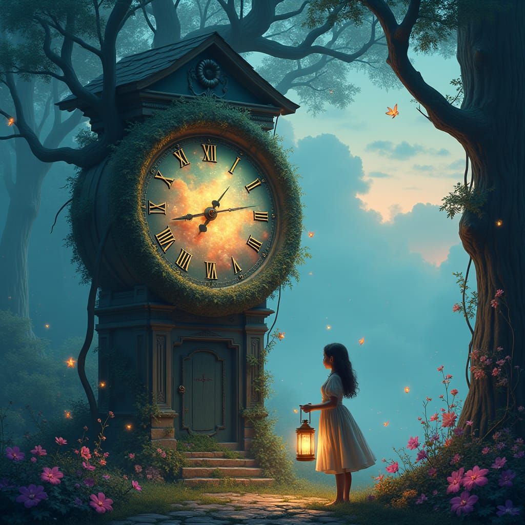 Enchanted Forest: Ancient Clock with Cosmic Display
