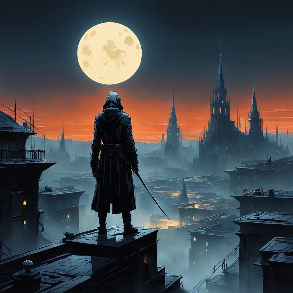 Gothic Assassin Under Full Moonlit Rooftop