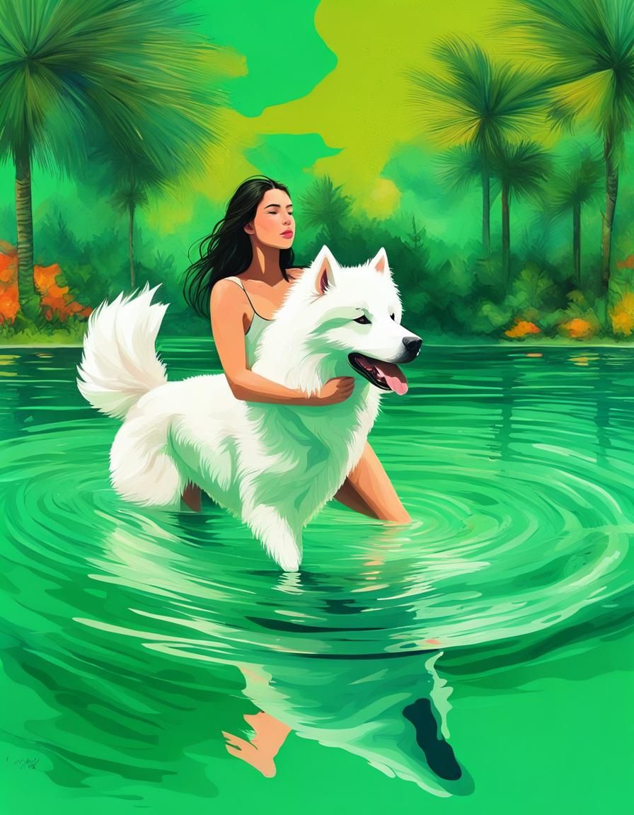 Samoyed and Brunette Swim in Fiji, Abstract Art