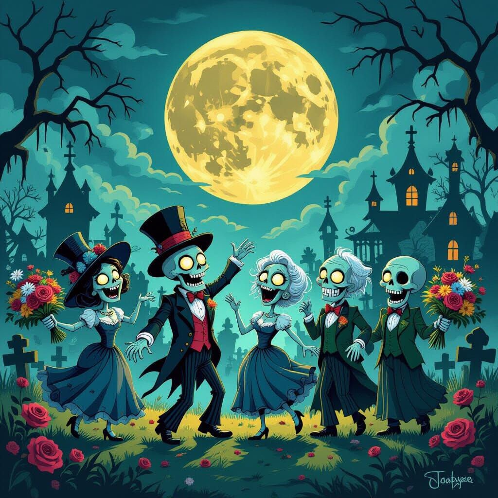 Whimsical Cartoon Zombies Dancing in a Gothic Cemetery