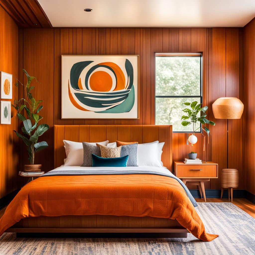 Mid-Century Modern Bedroom in Orange Tones