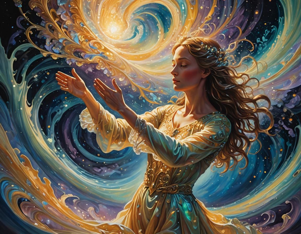 Ethereal Figure Reaching into Iridescent Void as Oil Paintin...