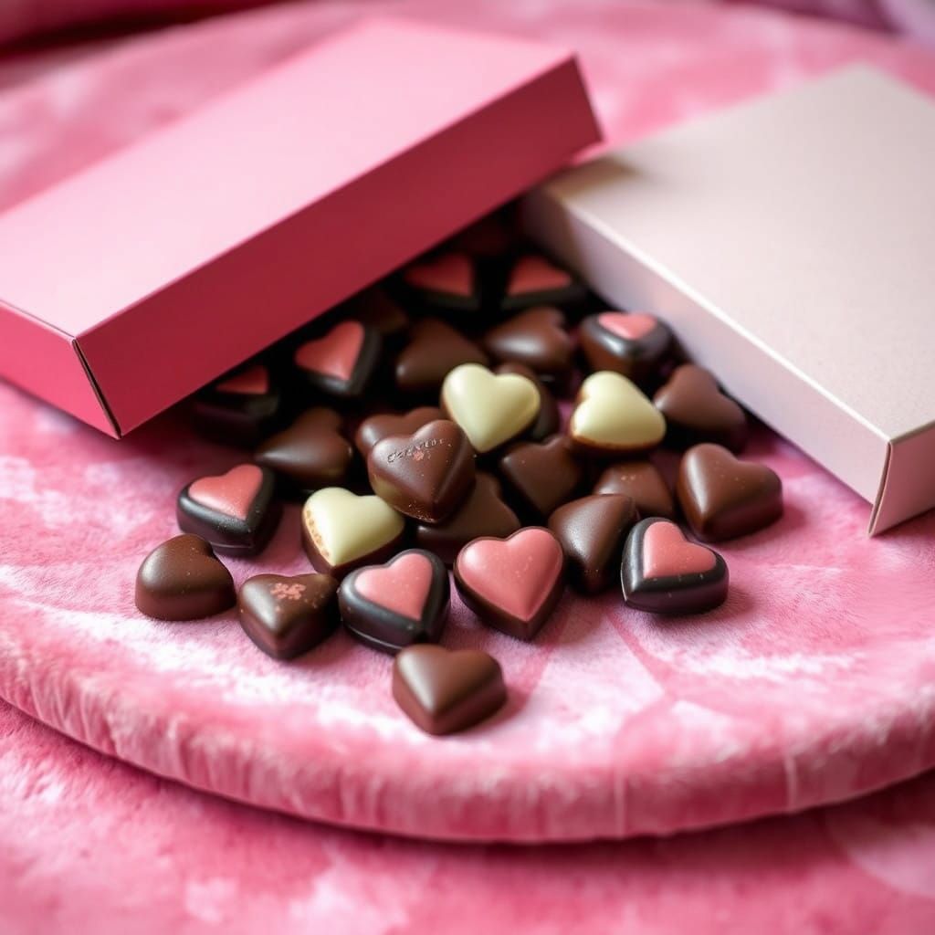 Velvet Table Scatter of Chocolates and Heart-Shaped Confecti...